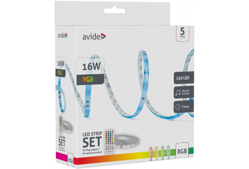 Avide LED Strip Blister 12V SMD5050 30LED RGB IP65 5m strip and music + 40 Key IR color box package
